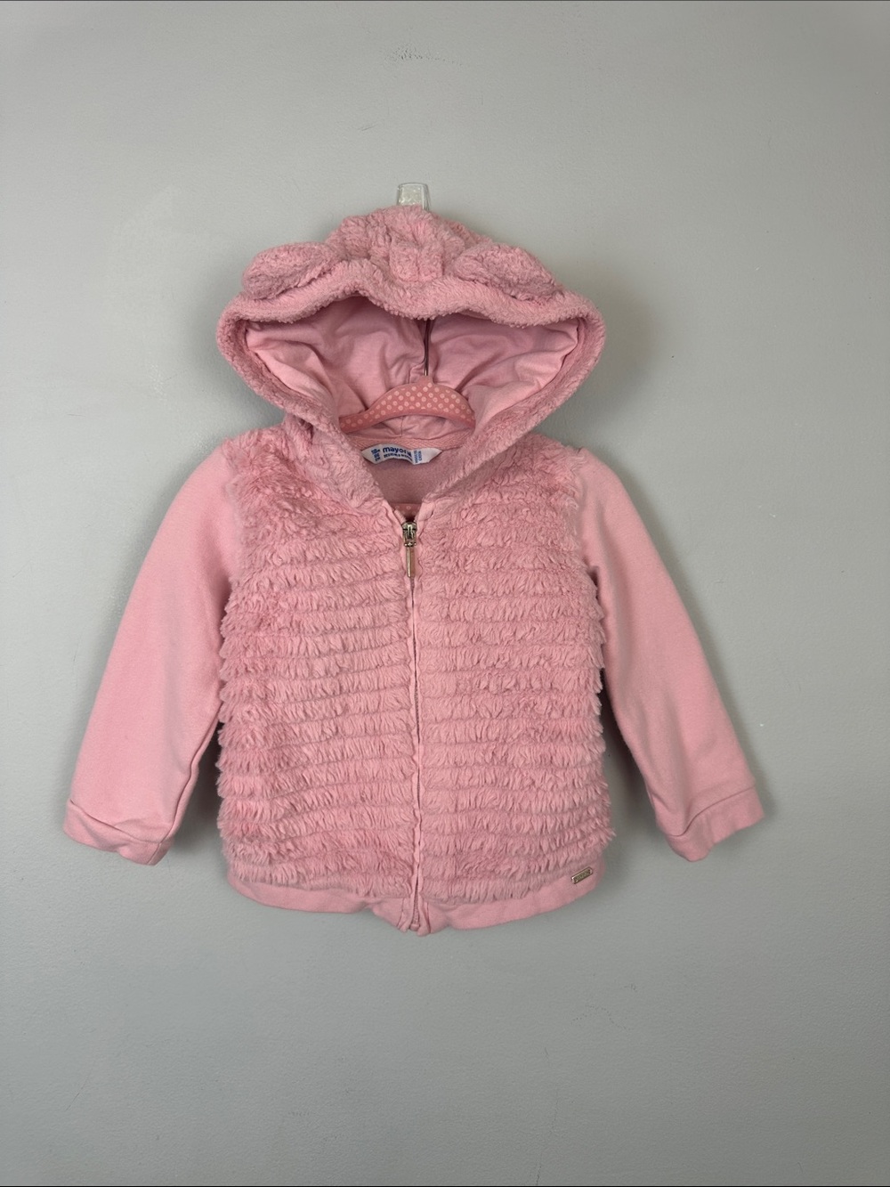 Mayoral Girls Pink Fluffy Hooded Zip Up with Teddy Ears Sz 18M